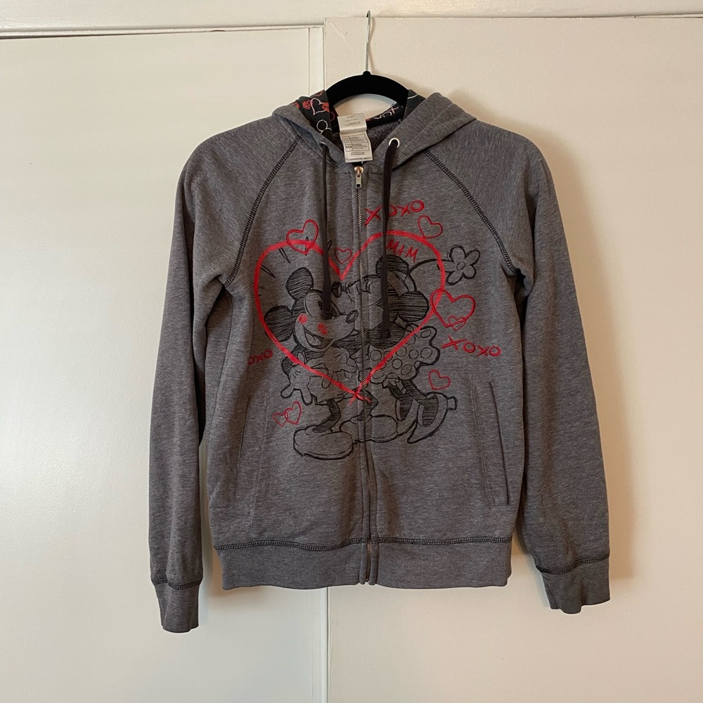 Gray Hoodie with Red Heart Graphic, front zipper, Used, sz XS